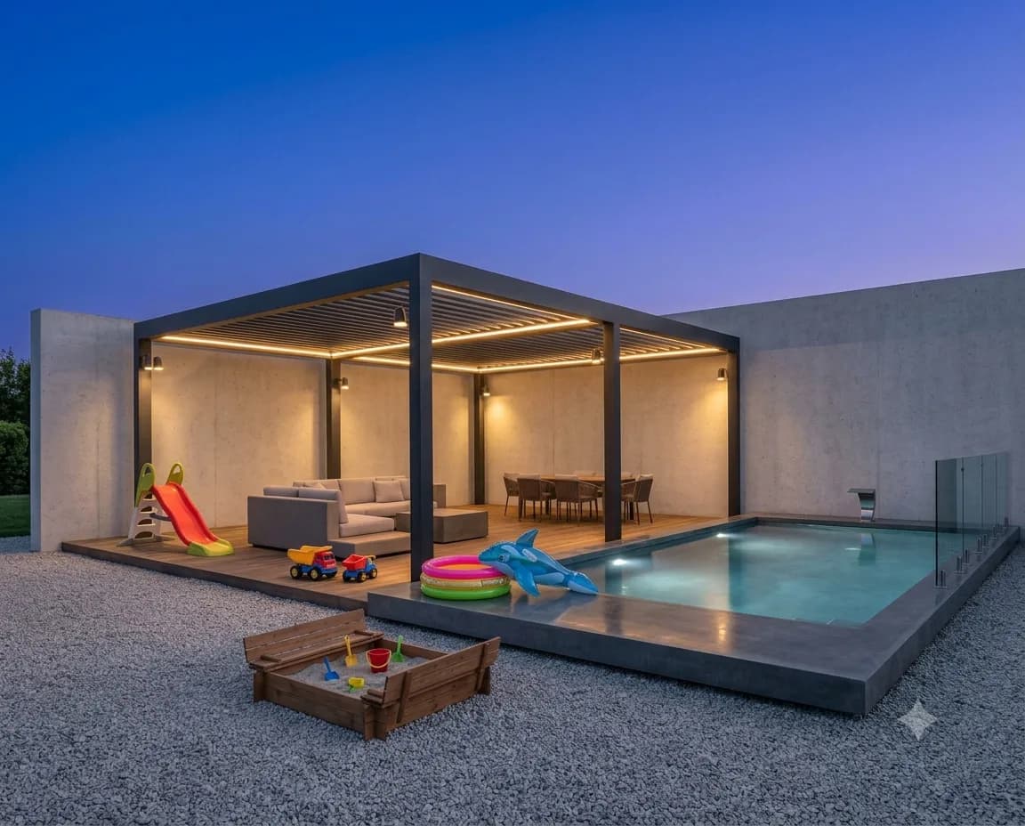 Pergolă lângă piscina unei case